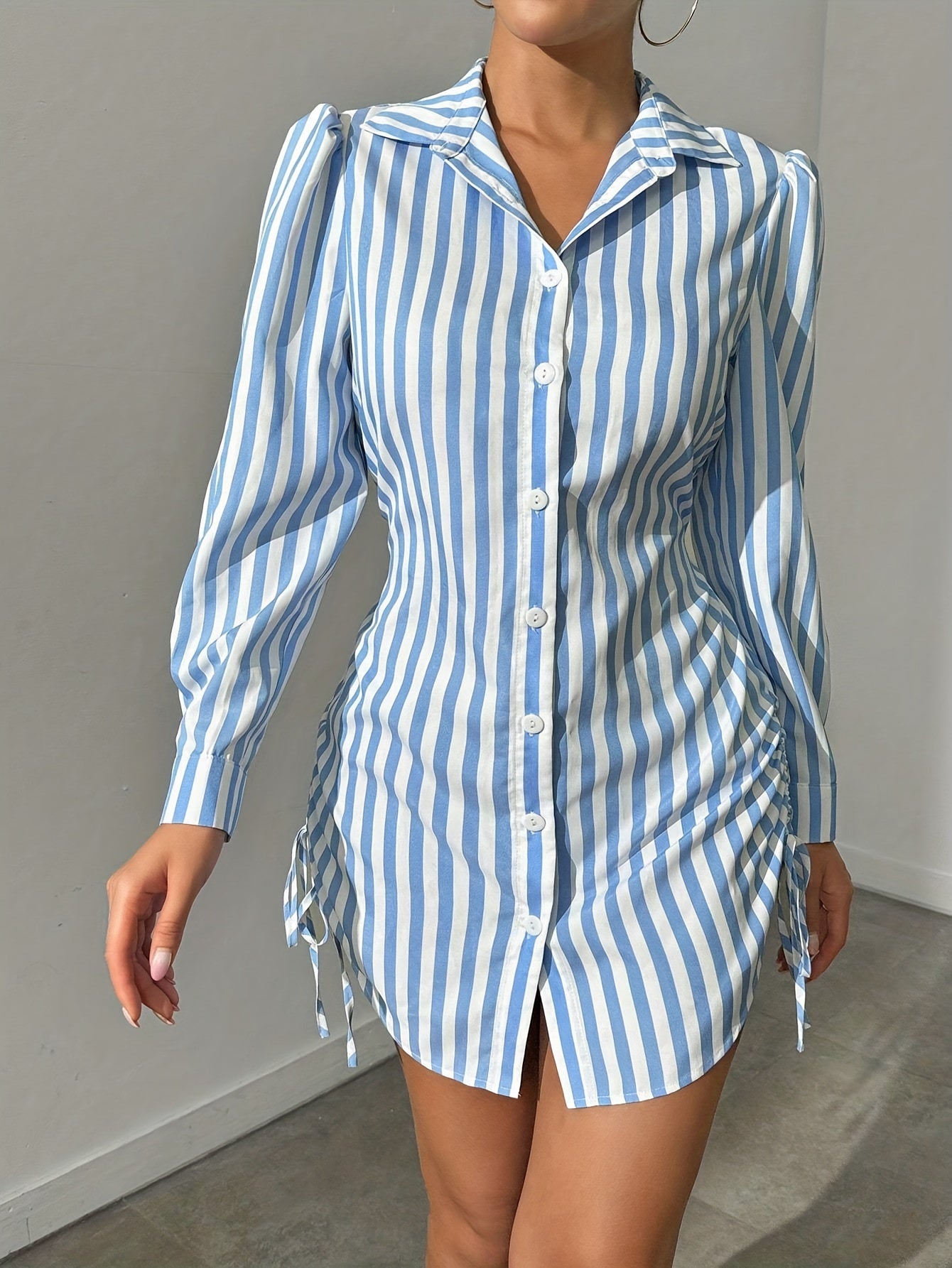 Women's Casual Striped Long Sleeve Shirt Dress with Side Tie Waistband - Polyester Woven Polo Neck Dress for Spring/Fall - Adult Fashion Dress with No Details - For Women - Suitable for Casual Occasions - Perfect Gift for Fas