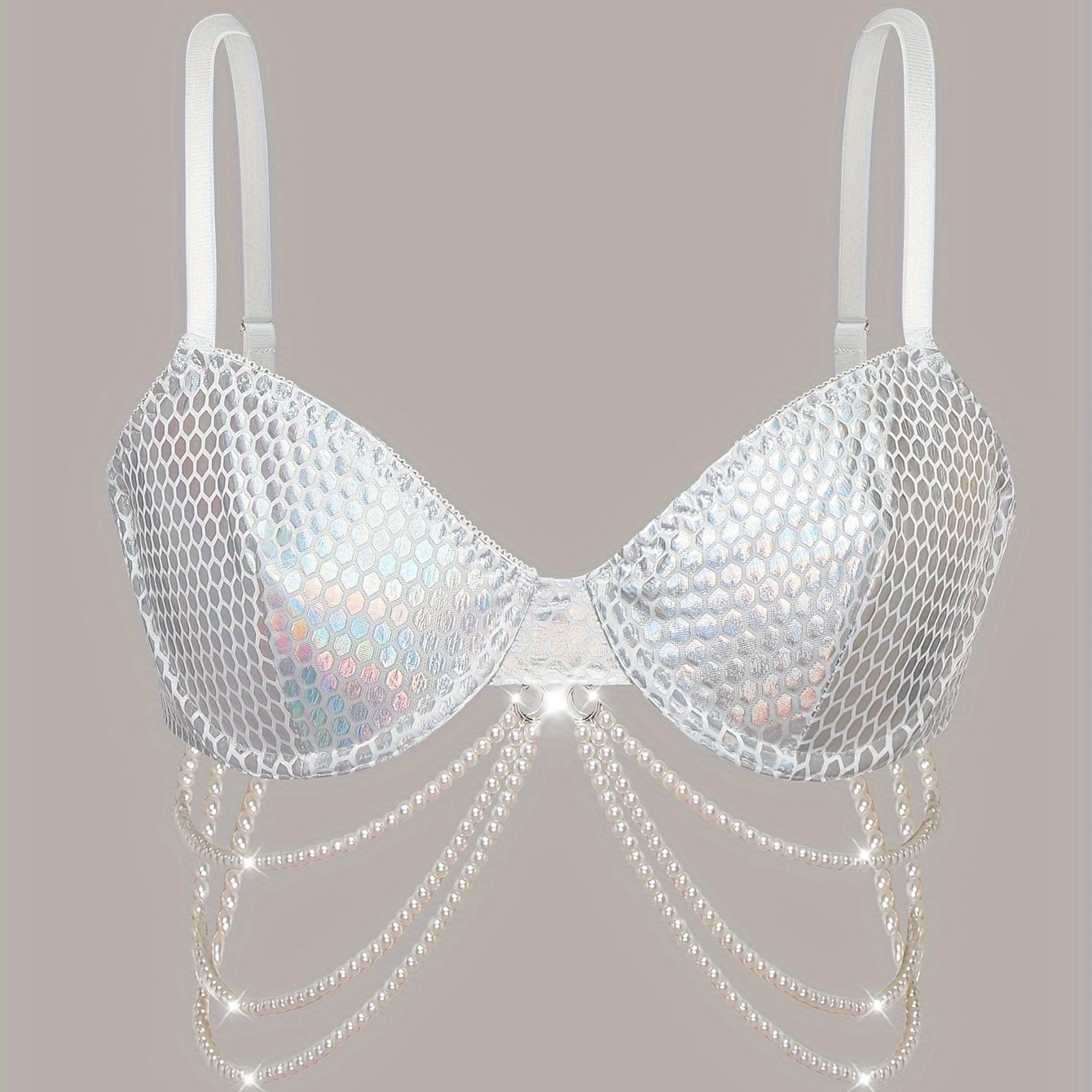 Faux Pearl Chain Detail Bra, Shiny Geo Pattern Bra, Women's Sexy Lingerie & Underwear