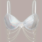 Faux Pearl Chain Detail Bra, Shiny Geo Pattern Bra, Women's Sexy Lingerie & Underwear