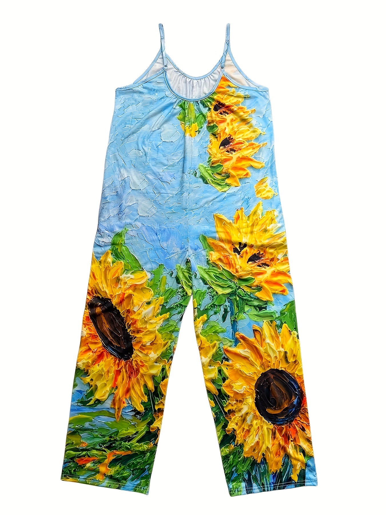Women's Bohemian Sunflower Print Wide-Leg Jumpsuit with Pockets - Vibrant Floral Design, Casual Sleeveless Romper for Spring/Summer, Lightweight Polyester Blend, Machine Washable, Outdoor Apparel | Bohemian Style | Elastic Wa
