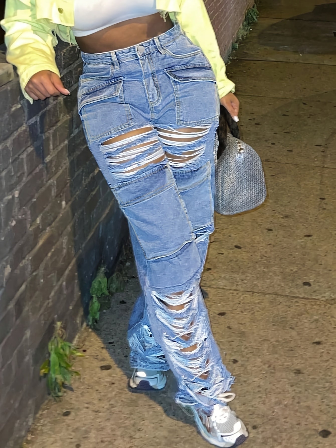 Women's Low Waist Straight Leg Jeans - Ripped Details, Light Blue Denim with Slight Stretch, Party & Night Out | Machine Wash, No Dry Clean | Comfortable Fit