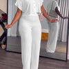 Women's Summer 2pcs Outfits Casual Tracksuit Short Sleeve Button Crop Top Wide Leg Long Pant Lounge Sets