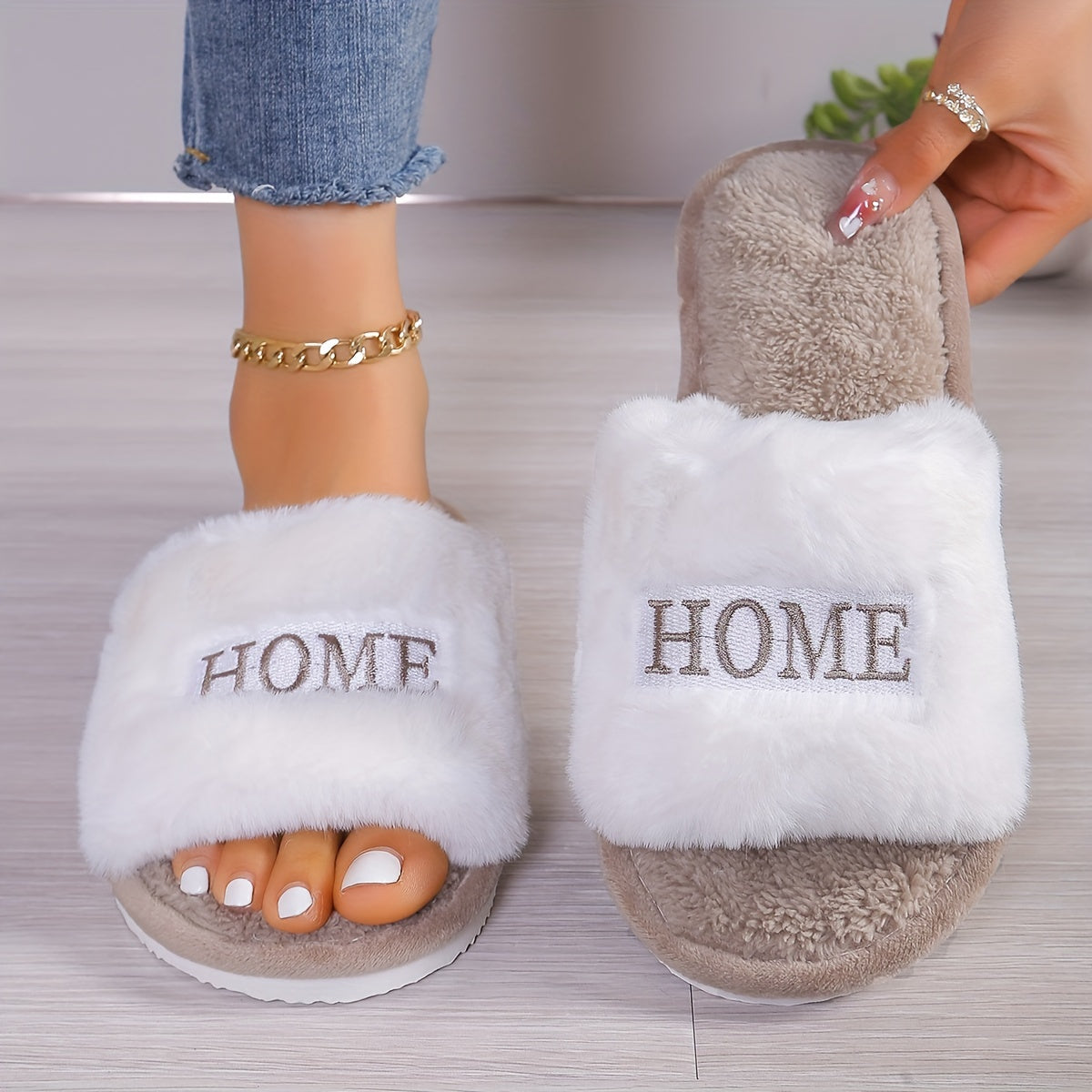 Women's Cozy Plush Home Slippers, White with "HOME" Embroidery, Soft Faux Furry Indoor Footwear, Comfortable All-Season Slip-Ons