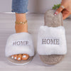 Women's Cozy Plush Home Slippers, White with "HOME" Embroidery, Soft Faux Furry Indoor Footwear, Comfortable All-Season Slip-Ons