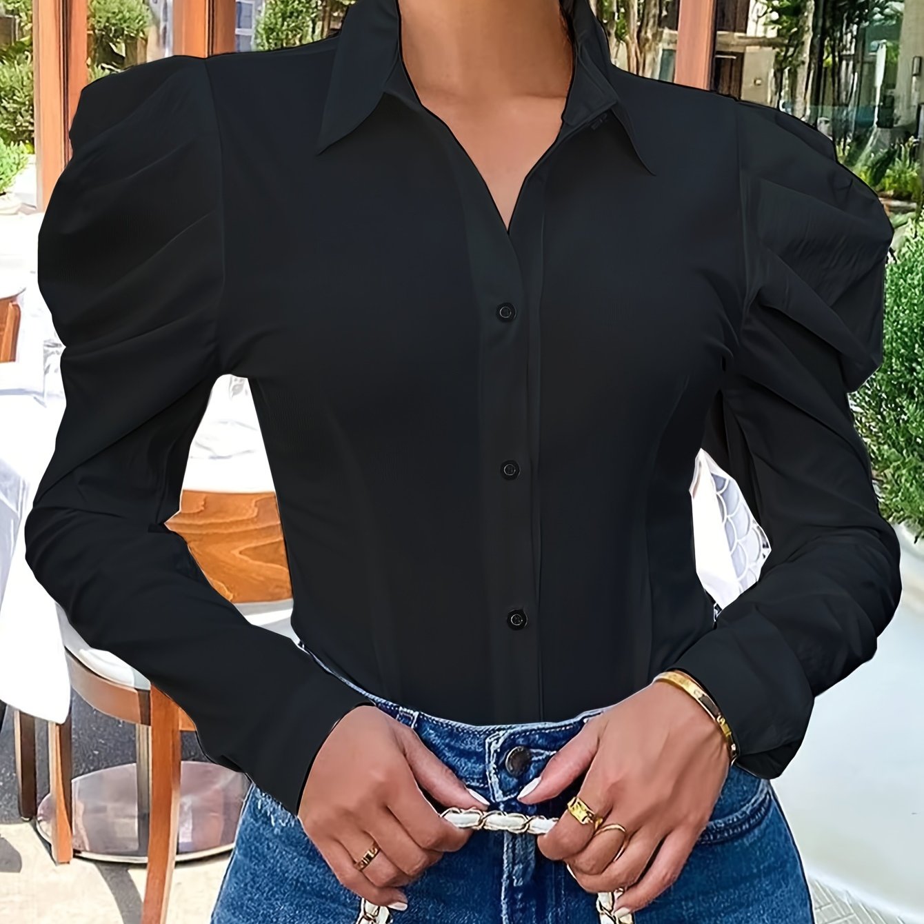 Elegant Slim-Fit Puff Sleeve Shirt | Versatile Year-round Style, Semi-Sheer Woven Fabric, Single-Button Closure - Women's Fashion