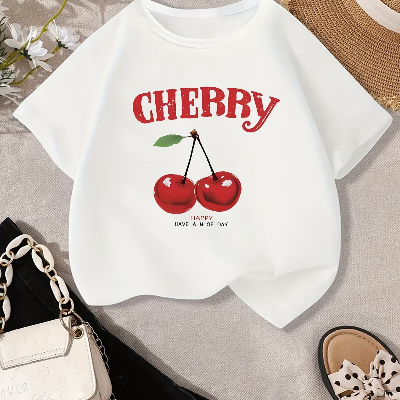 Girls' Cherry Graphic Tee - Soft & Quick-Dry Polyester Blend, Casual Round Neck Short Sleeve T-Shirt with "Have a Nice Day" Print, Perfect for Spring/Summer Outings, Girls Tshirts