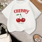 Girls' Cherry Graphic Tee - Soft & Quick-Dry Polyester Blend, Casual Round Neck Short Sleeve T-Shirt with "Have a Nice Day" Print, Perfect for Spring/Summer Outings, Girls Tshirts