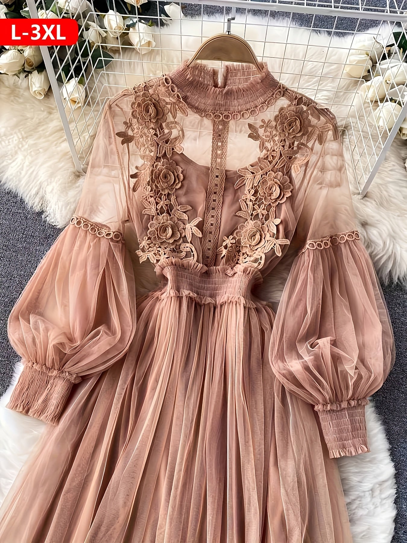 Plus Size Dresses Women'S Fashion Three-dimensional Flower Collage Sheer Mesh Balloon Sleeve Slim Long Dress Light Luxury Design Sense Women'S Chiffon Lace Shirt Suspender Base Shirt, Luxury Gift For Women