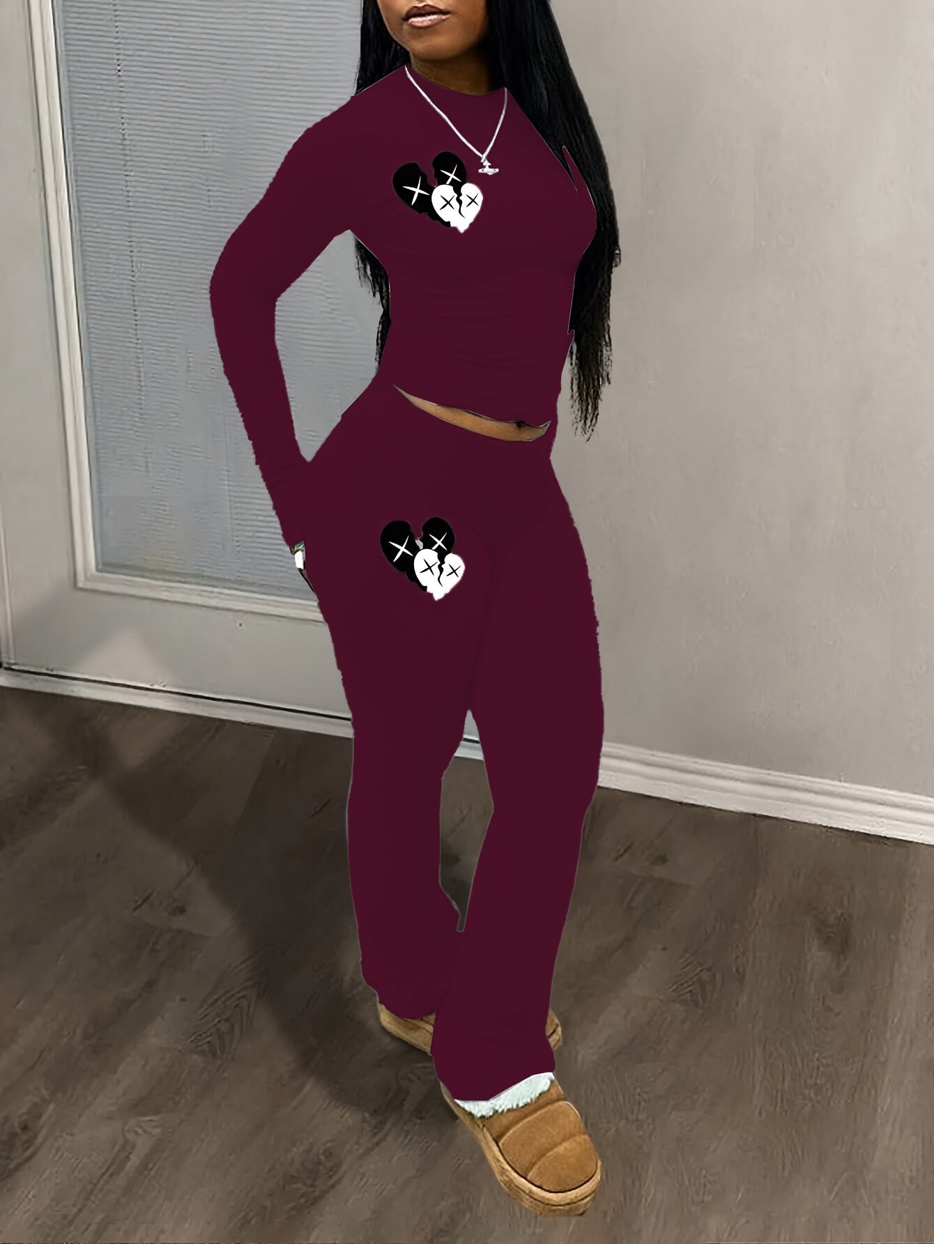 Autumn and Winter Fashionable Slim Fit Printed Long Pants and Long Sleeve Two-Piece Set