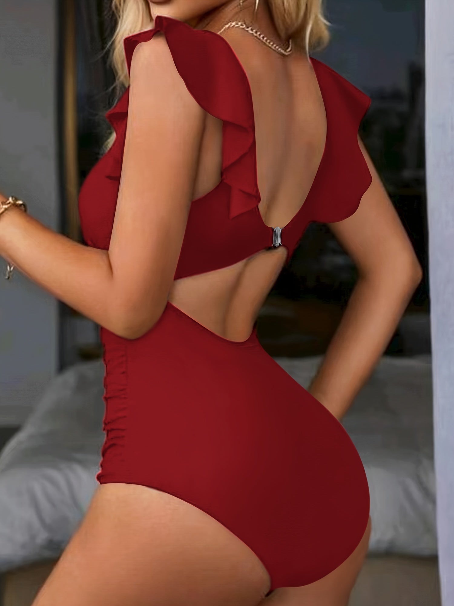 Women's V-Neck Ruched One-Piece Swimsuit – Ruffle Detail, Cut-Out Back with Buckle, High-Cut Elegant Bathing Suit