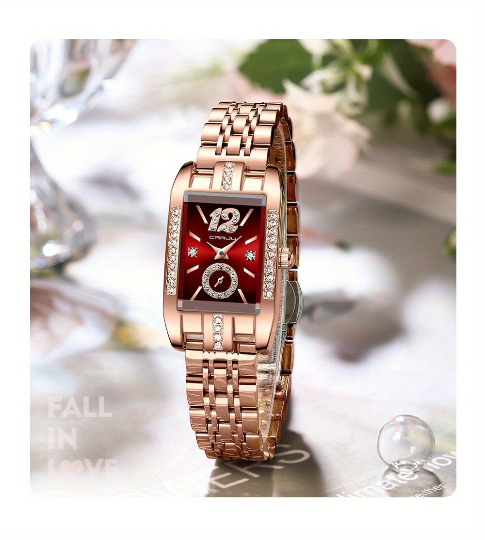 Stainless Steel Women's Luxury Watch, Elegant Rectangle Pointer Analog Quartz Rhinestone WR Wrist Watch