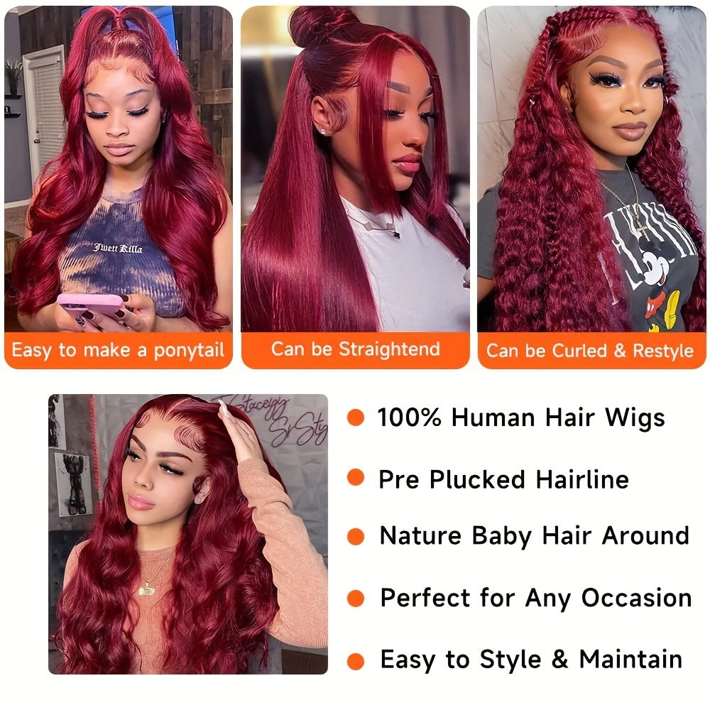 99J Burgundy HD Lace Front Human Hair Wig - 13x4 Glueless Body Wave Pre-Plucked Wine Red Lace Front Wig for Women, Wear & Go