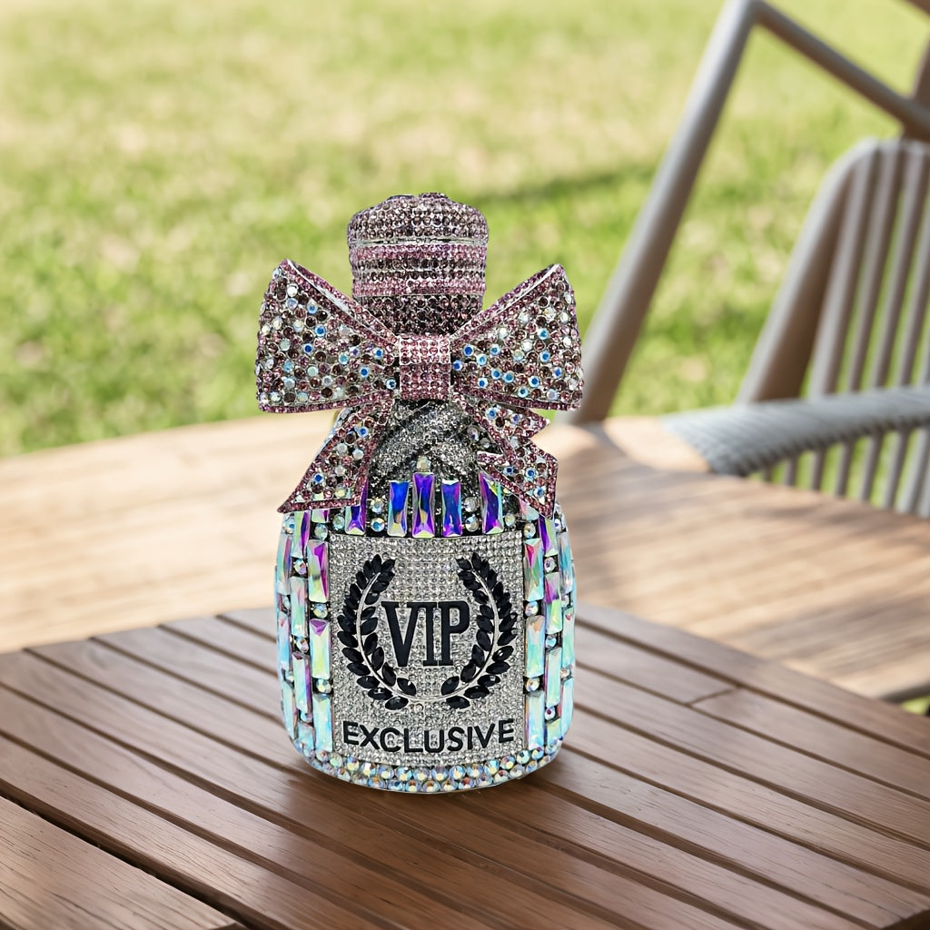 Elegant Rhinestone Champagne Bottle Clutch - Sparkling Evening Purse with Detachable Strap, Magnetic Closure for Women - Available in Lavender, Pink, Green, Navy, Golden, Silvery