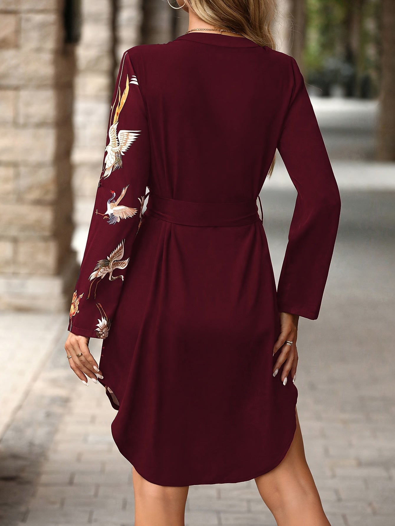 Elegant Women'S V-Neck Dress with Vibrant Bird & Floral Print - Casual A-Line Style, Long Sleeve, Polyester, Green with Golden Accents, Perfect for All Seasons