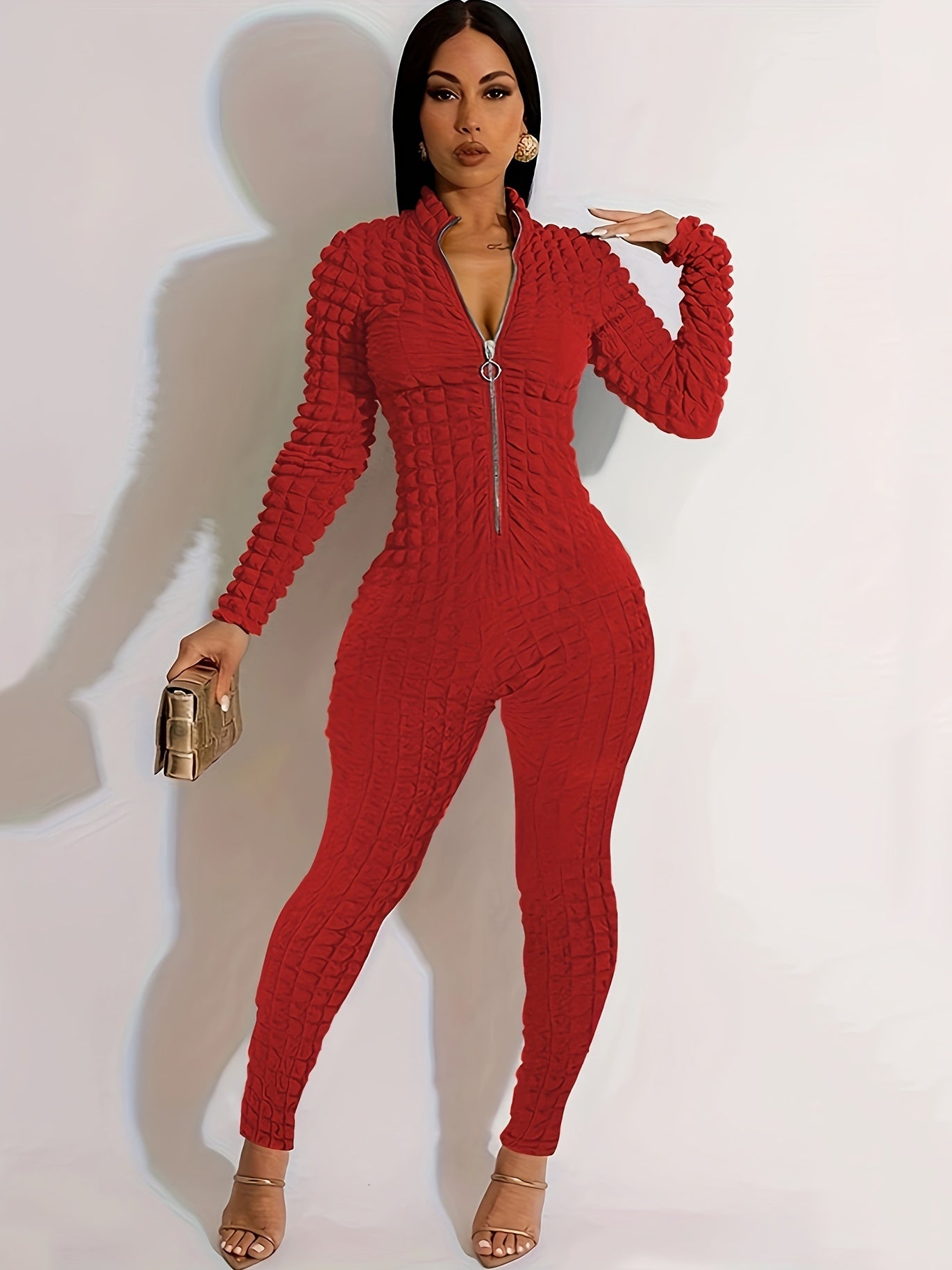 Women'S Solid Color Popcorn Jumpsuit, Polyester 95% Spandex 5% Long Sleeve Crew Neck Knit Fabric, Chain Detail, Regular Sleeve, Spring/Fall Season, 250g/m² Fabric Weight