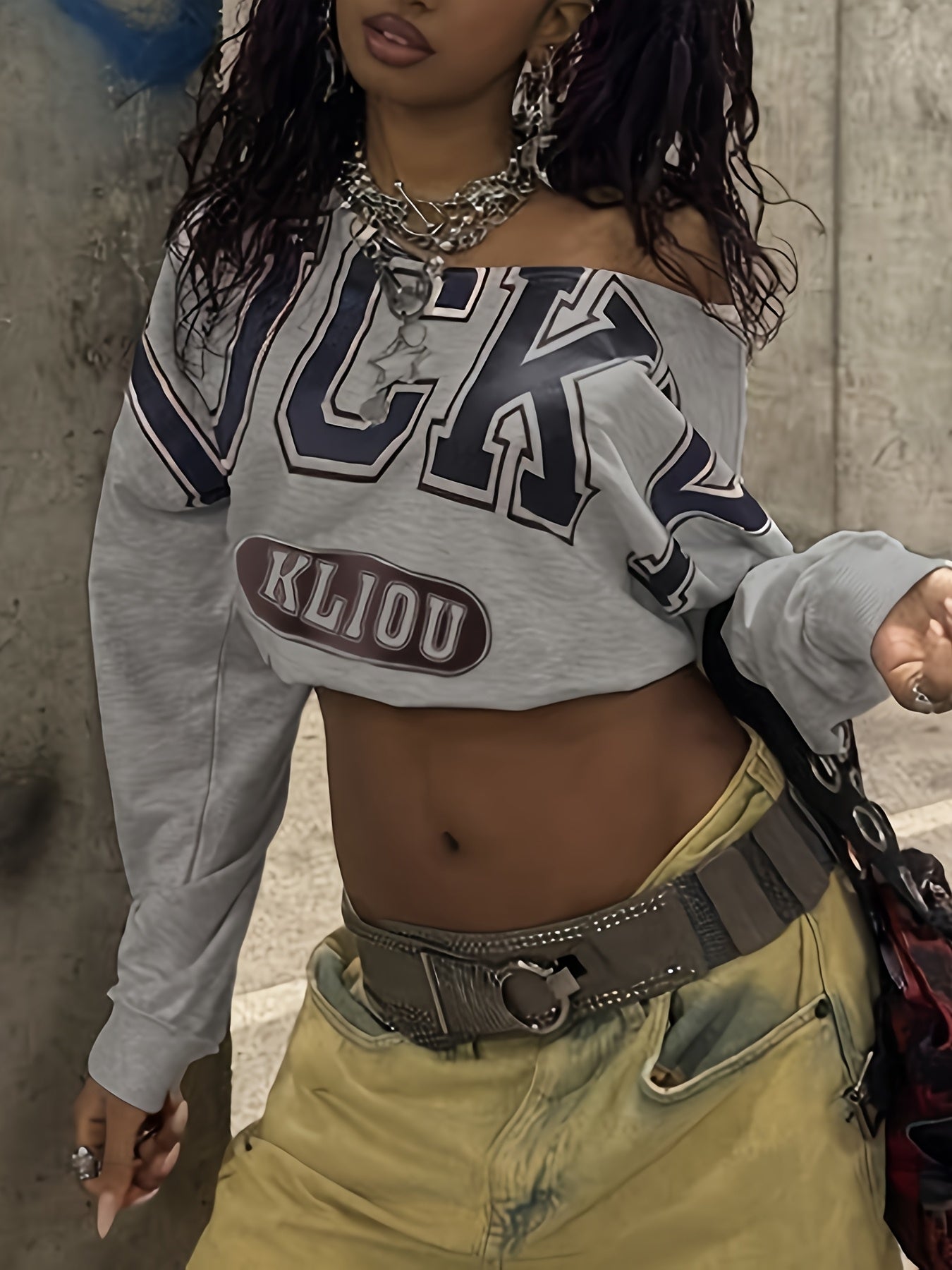 Trendy American Street Style Off-the-Shoulder Crop Top with Bold Letter Print - Long Sleeve, Light Grey, Machine Washable, Perfect for Spring, Summer, and Fall, Casual Streetwear | Crop Top Style | Soft Fabric Top