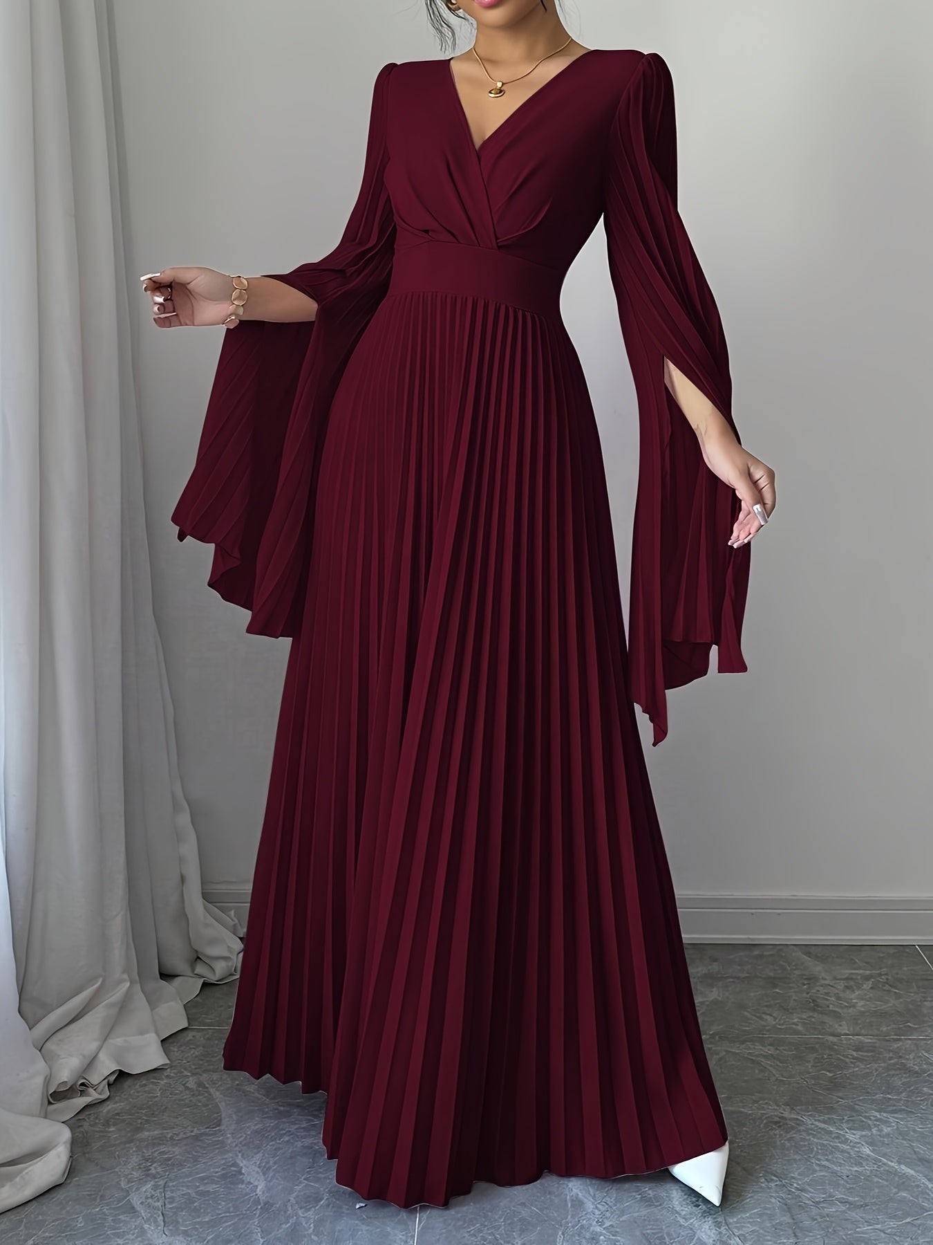 Elegant V-Neck Ruffle Sleeve Maxi Dress - Deep Red, Long Flowing Gown with Puffy Sleeves, Perfect for Parties & Formal Events, Formal Attire|Ruffle Detail|Vneckline