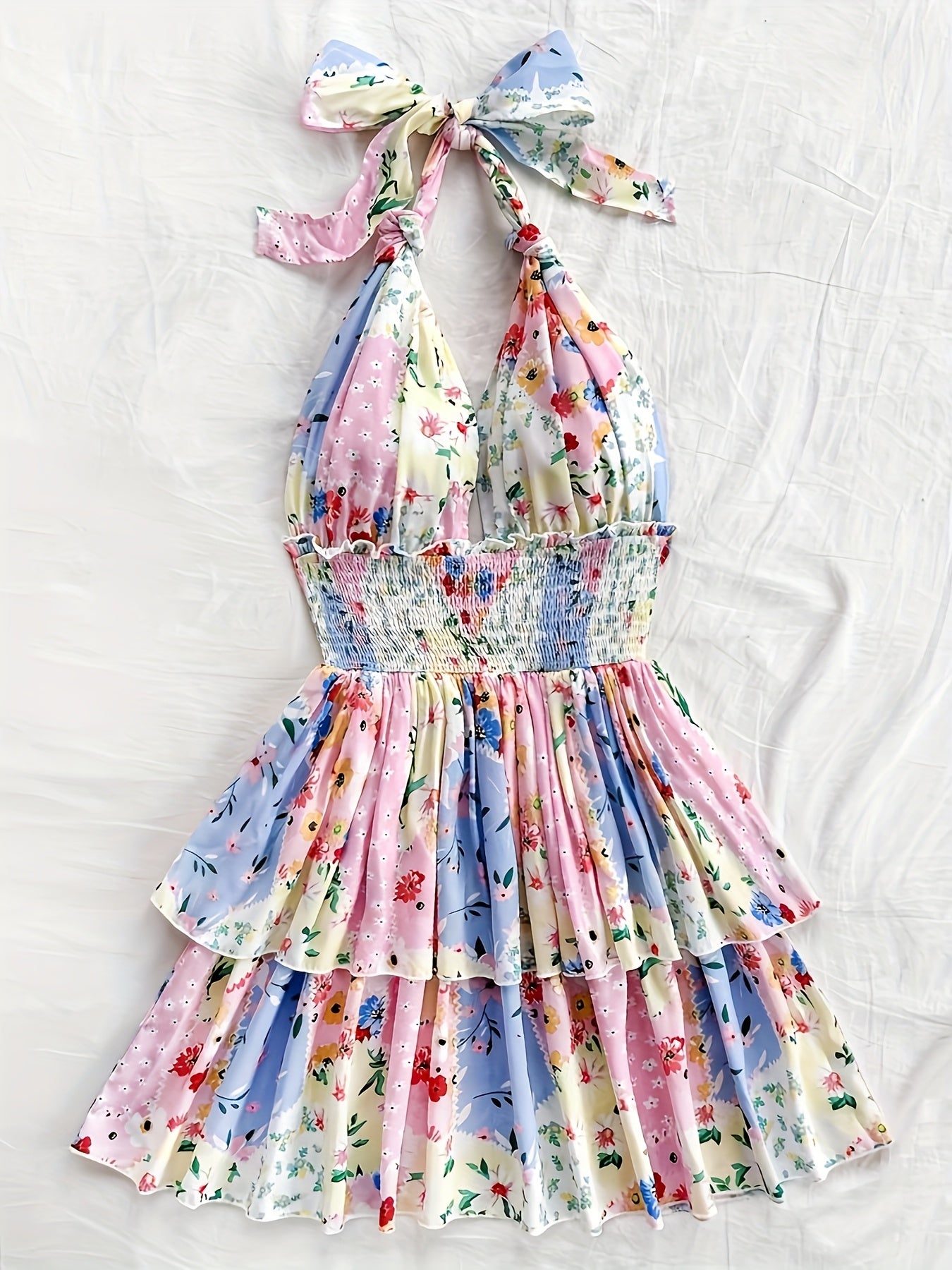 Floral Print Halter Suspender Dress for Women - Elegant Spring/Summer Sleeveless Mini Dress with Shirred Detail, Vibrant Floral Pattern, Lightweight Polyester, Perfect for Casual or Dressy Occasions, Formal Outfit | Bowknot D