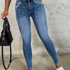 Fashionable High Waisted Slim Fit Casual Women'S Jeans, Adorned With Artificial Pearl Craftsmanship, Light Blue, Fashionable Street Tight Pants