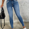 Fashionable High Waisted Slim Fit Casual Women'S Jeans, Adorned With Artificial Pearl Craftsmanship, Light Blue, Fashionable Street Tight Pants