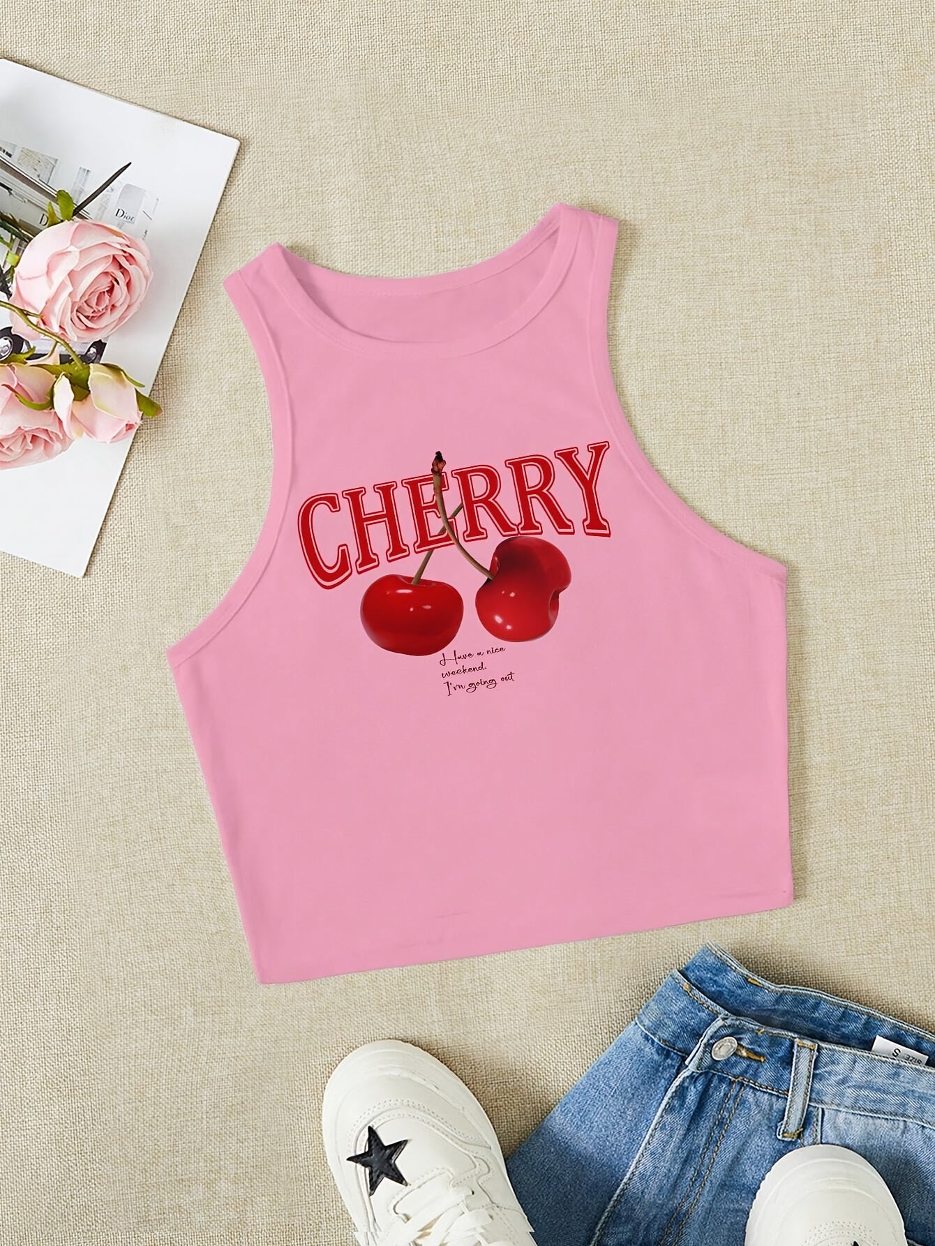 Women's Elegant Cherry Print Crop Top Tank - Stretchy Polyester Blend, Round Neck, Machine Washable, Semi-Sheer Geometric Pattern Sleeveless Vest