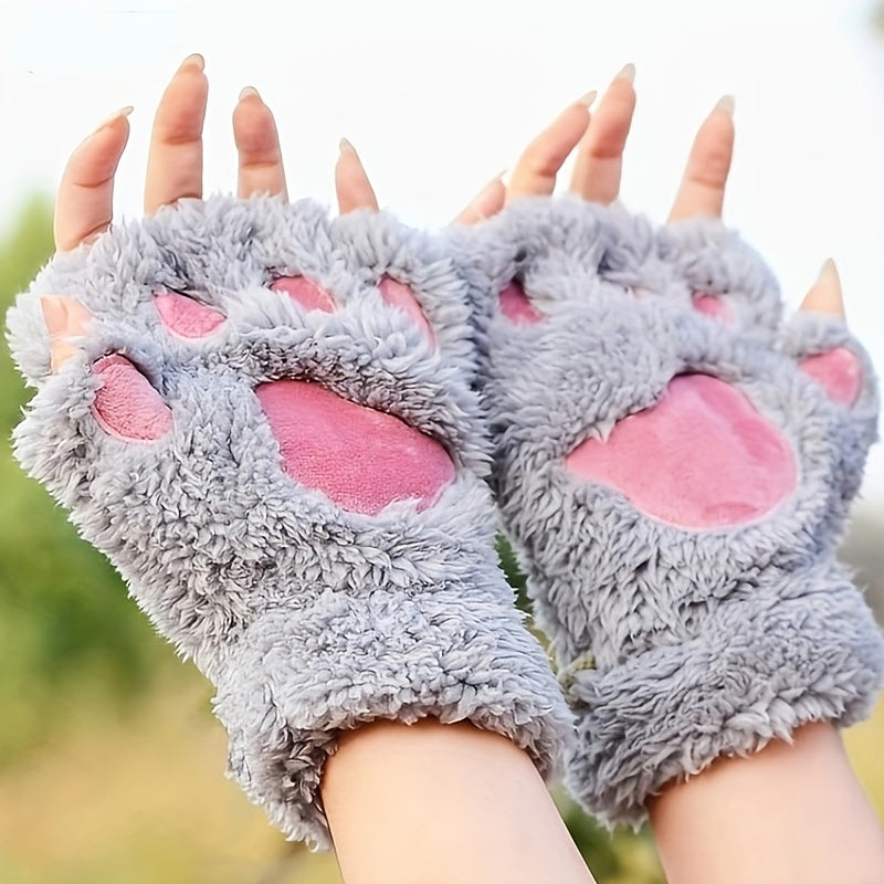 Cute Cat Claw Plush Gloves Stylish Thick Warm Half Finger Gloves Autumn Winter Soft Cozy Fuzzy Gloves