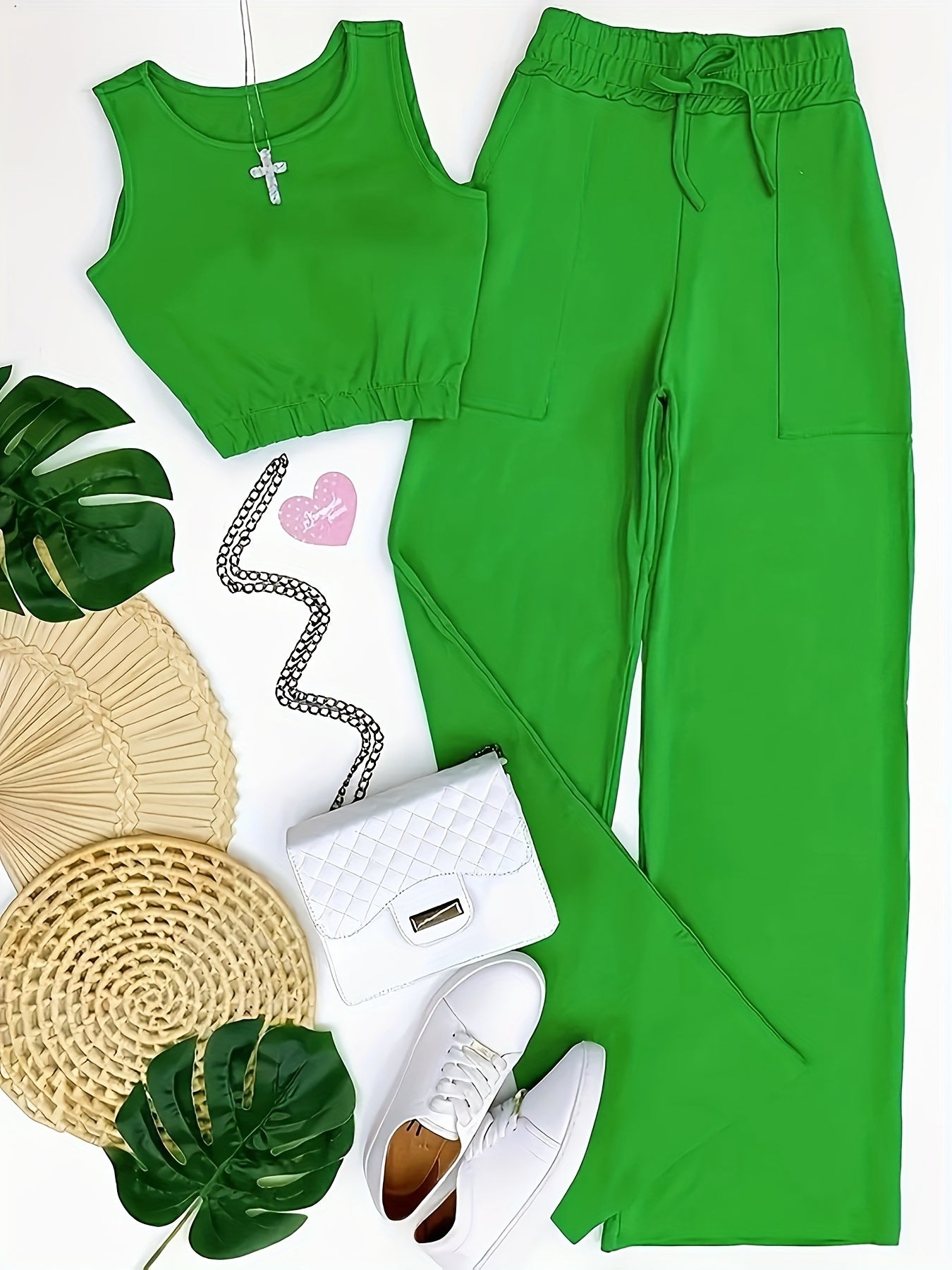 Solid Color Casual Pantsuits, Crew Neck Sleeveless Tank Top & Drawstring Elastic Waist Pants Outfits, Women's Clothing