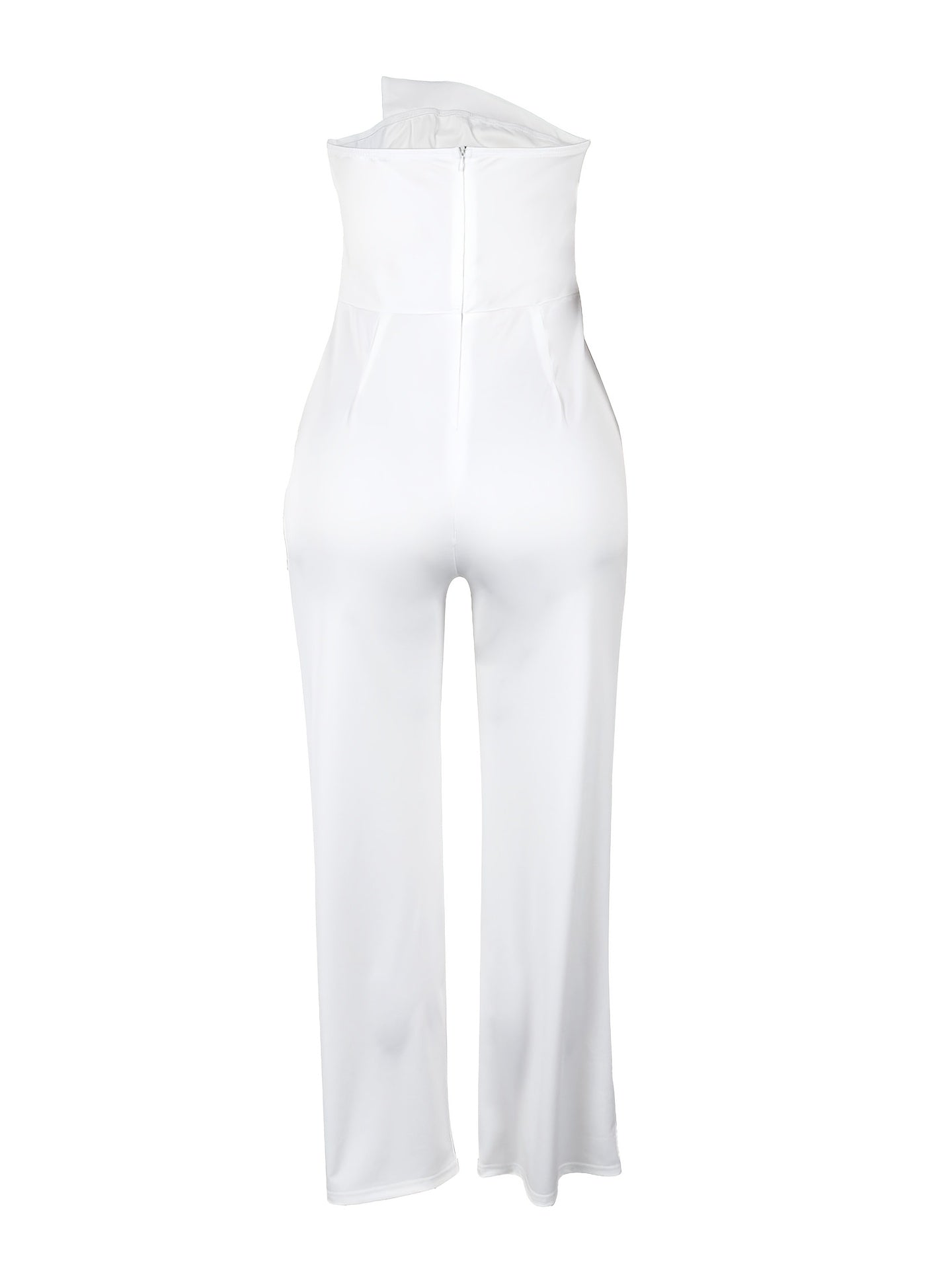 Women's Sleeveless Strapless Bodycon Jumpsuit - Stretchy High-Waisted Wide-Leg Romper with Golden-Tone Buttons, Solid White Elegant Outfit for All Seasons, Hand Wash Only, Allseason Fashion | Offshoulder Style | Sophisticated