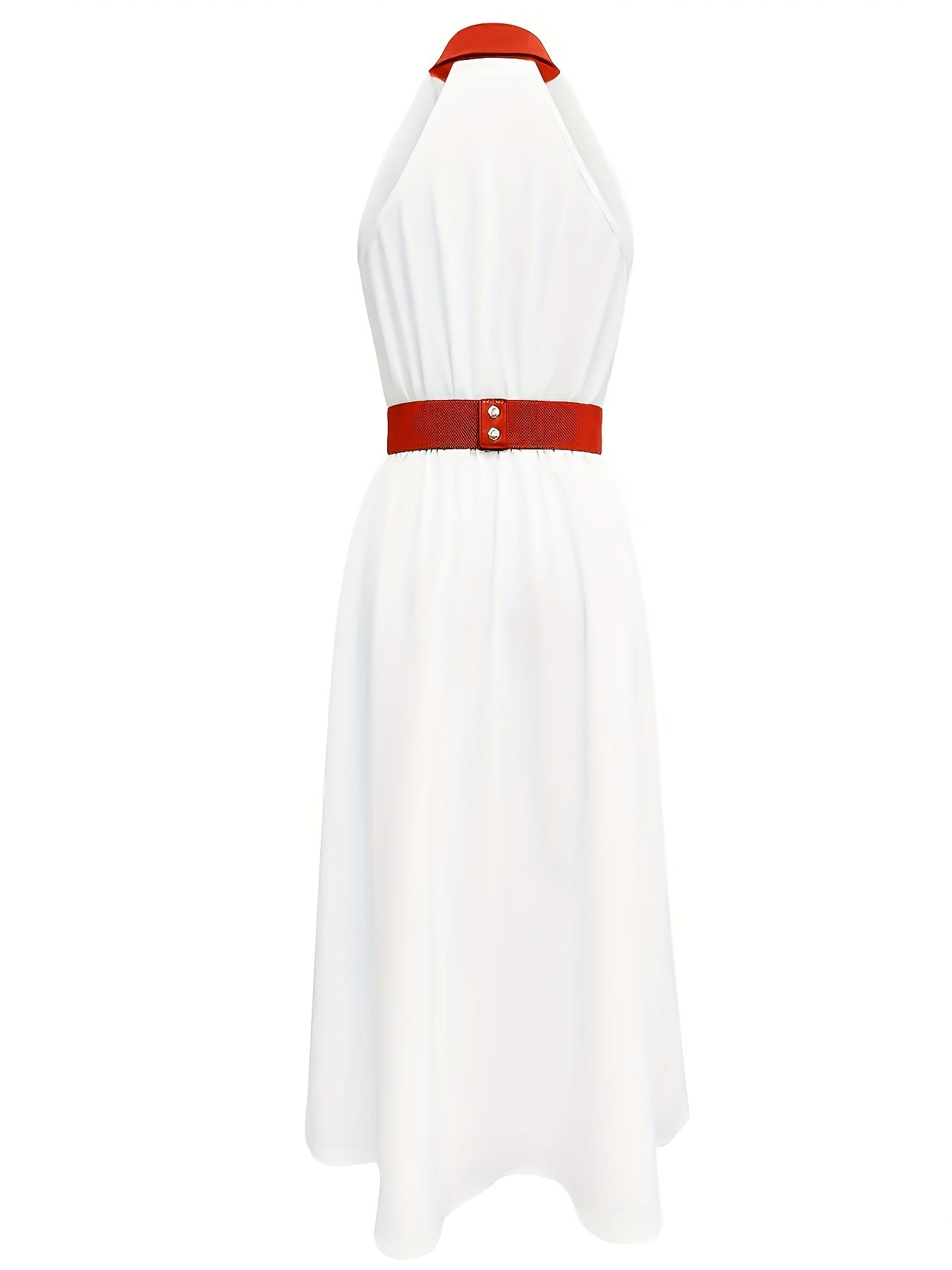 Women's Elegant White & Green V-Neck Dress with Adjustable Waist Tie Belt - Pencil Skirt Silhouette, Structured Non-Stretch Fabric, Machine Washable for All-Season Wear, Stylish Occasion Wear | Sophisticated Fashion | Stylish