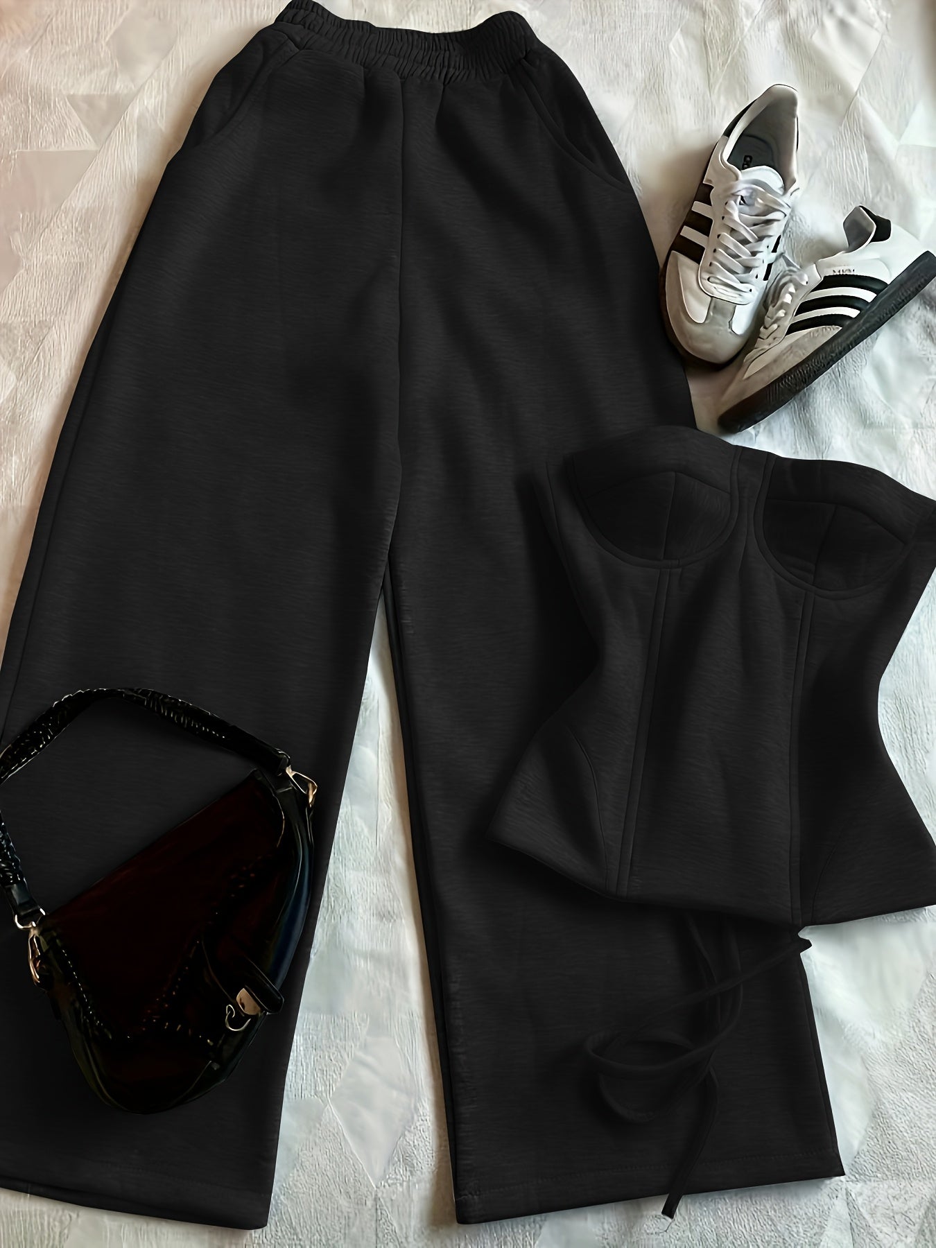 Women's Long Pants & Sleeveless Crop Hoodie Set – Casual Solid Color Two-Piece Loungewear with Drawstring Waist