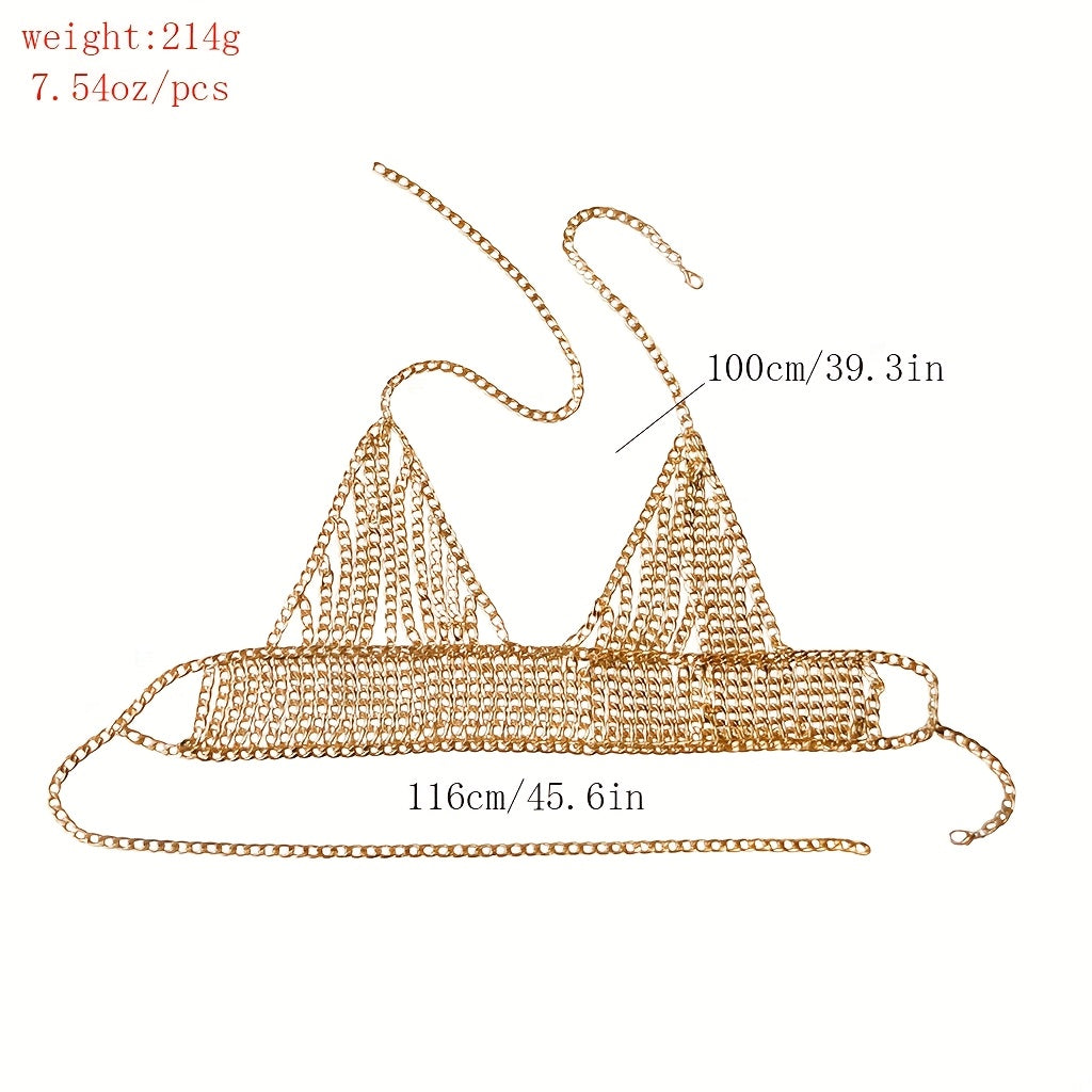 Women'S Stylish Layered Alloy Chain Bikini Top - Glittery Black & White Design, Perfect for Beach, Pool, and Nightlife, Beach Bikini Top | Glittery Chain Top | Detailed Chainwork, Beach Bikini