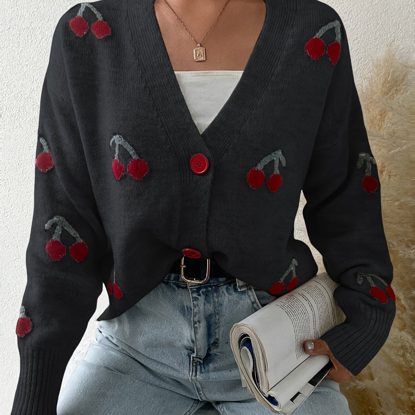 Elegant Cherry Pattern Knit Cardigan for Women - Soft Acrylic Blend, Open Front, Long Sleeve, Cozy Autumn Style with Red Cherry Design on White Background, Cherry Decor