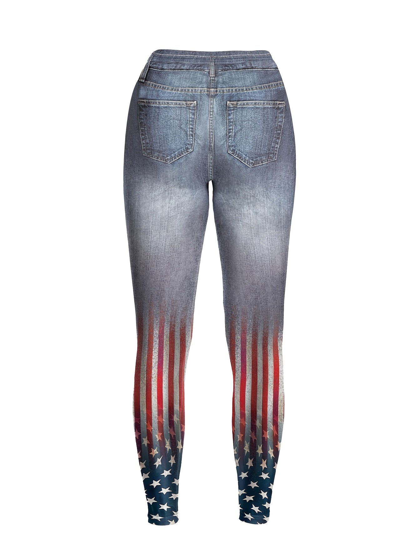 Women's High-Waisted Imitation Denim 3D All-Over Print Leggings - Patriotic American Flag Design, High-Stretch Machine-Washable Yoga Pants for Casual Wear & 4th of July Outfits, Seasonal Fashion | Stylish Flag Pattern | Comfo
