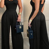Women'S Casual Chic Black Pleated V-Neck Wide-Leg Jumpsuit with Scalloped Hem and Golden Chain Link Detail - Elegant Off-Shoulder Design for Spring/Summer/Fall, Versatile Fashion|Elegant Offshouldde| Flowing Fabric, Jumpsuit