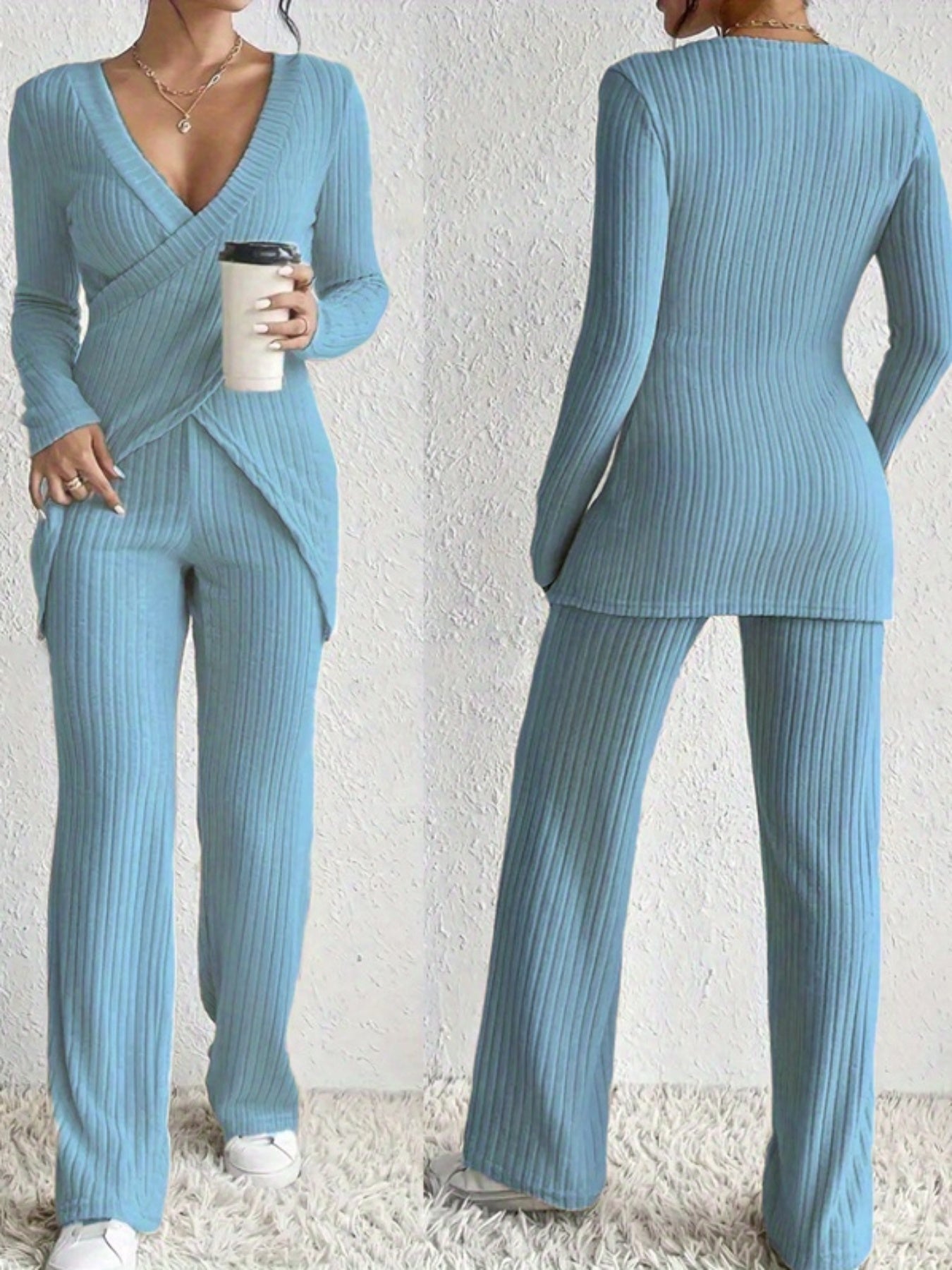 2025 Hit A Women'S Suit with an Irregular Design Exuding a High-End Feel. It'S a Two-Piece Set Featuring a Comfortable Long-Sleeved Top Paired with Wide-Leg Pants.
