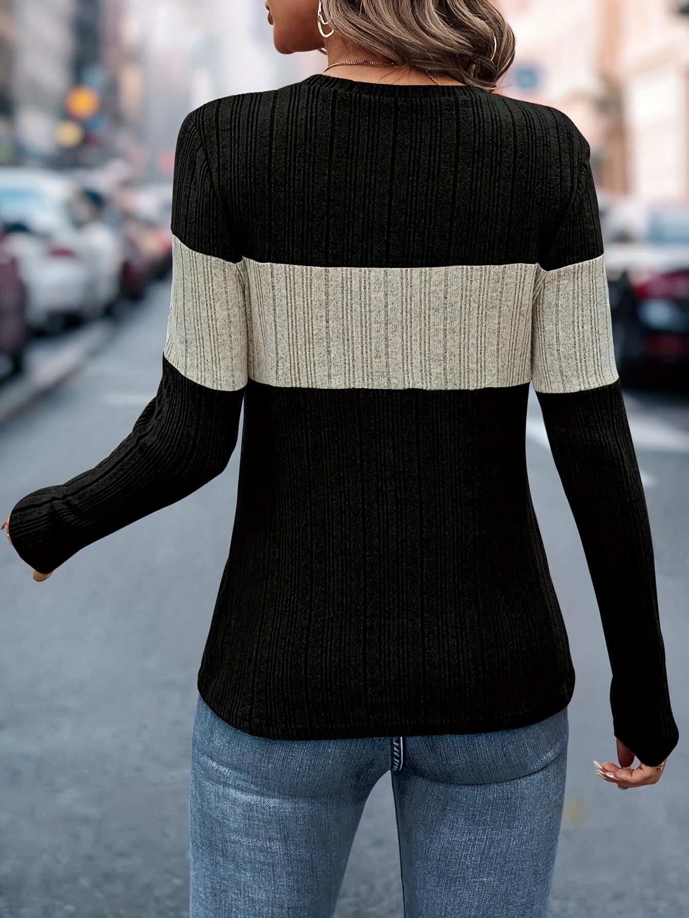 Cozy Ribbed Crew Neck Sweater - Soft, Long Sleeve, Casual, Colorblock Design, Women's Fashion Clothing for Everyday Wear