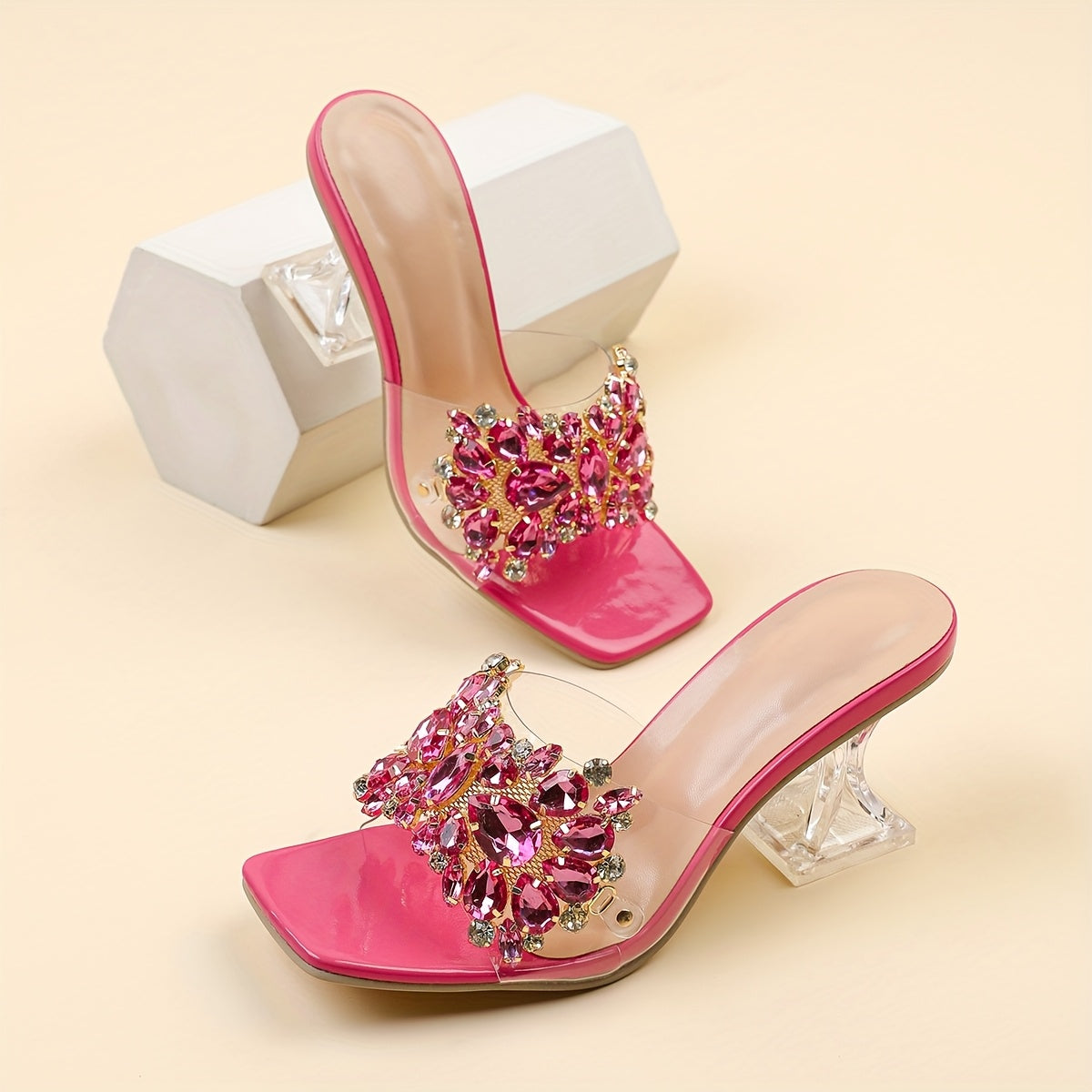 Women's Rhinestone Embellished Pyramid Heel Sandals - Stylish Pink Transparent Strap with Sparkling Floral Design, Perfect for Weddings & Formal Events