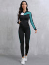 Women'S 2pcs Color Block Athletic Set - High Stretch Fabric, Hooded Jacket & Leggings, Black/White/Teal Patchwork, All-Season Workout Outfit, Gym Clothes|Sporty Look|Versatile Jacket