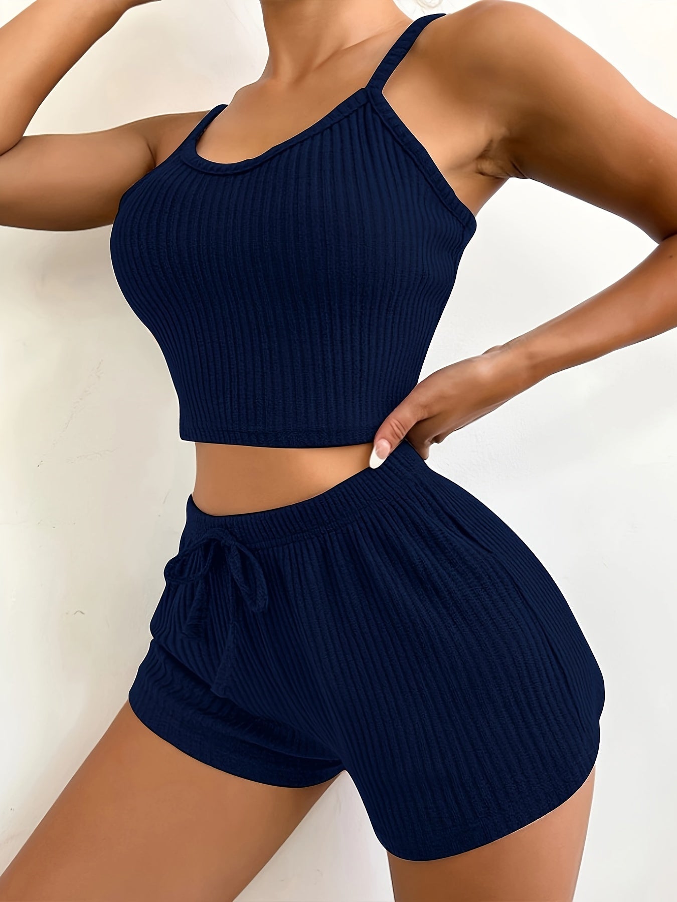 Solid Ribbed Slim Fit Lounge Set, Casual Round Neck Crop Cami Top & Drawstring Shorts, Women's Loungewear