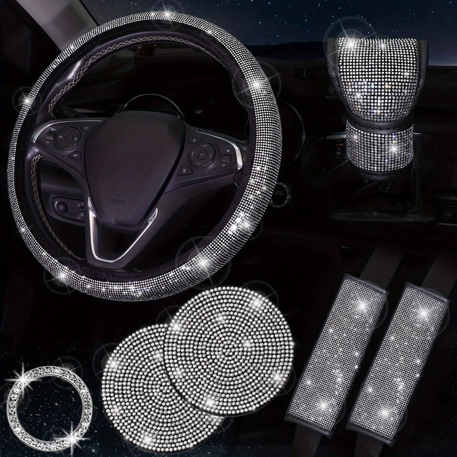 Bling Car Accessories For Women, Bling Steering Wheel Cover Bling Car Coasters Bling Set Seat Belt Shoulder Pads Ring Emblem Sticker Gear Shift Cover