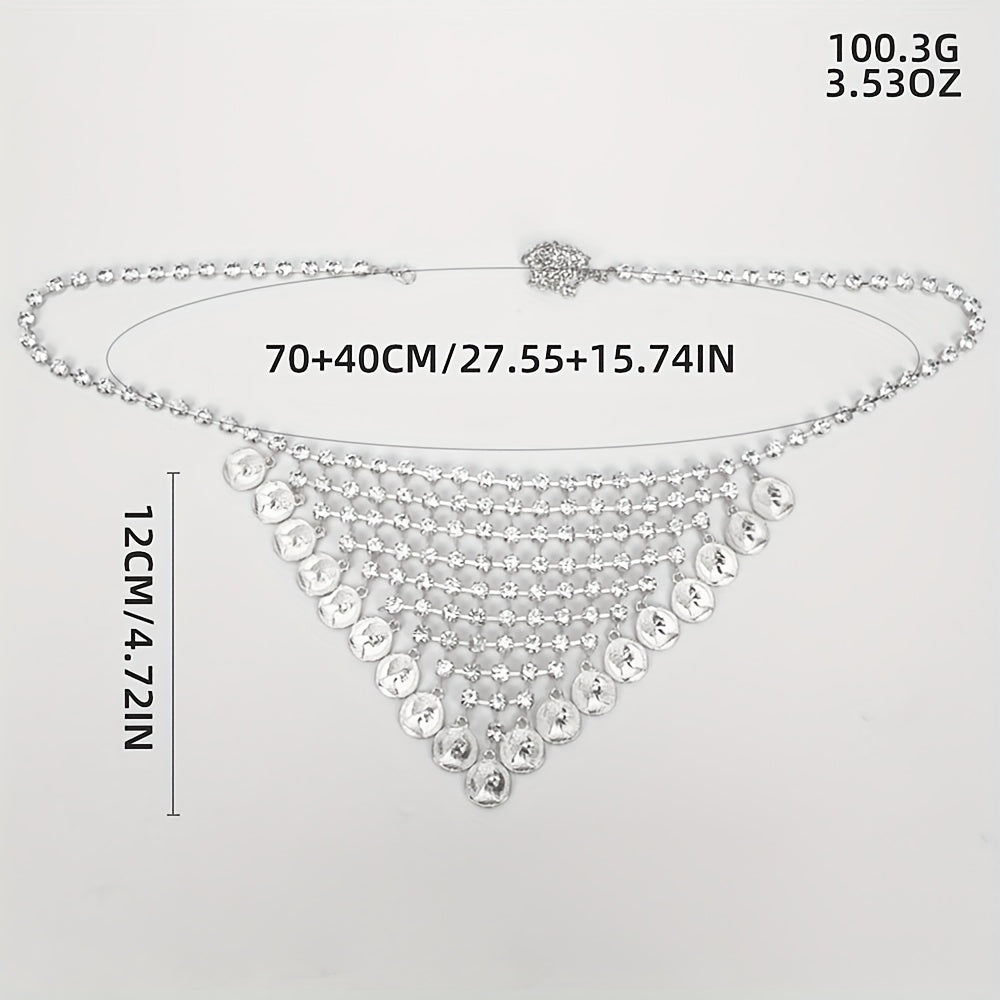 1 Set Bra + Panties Fashion Alloy Full Rhinestone Mesh Women's Bra Body Chain, Round Coin Tassel Pendant Body Chain Suitable for Parties, Music Festivals, Beach Body Accessories