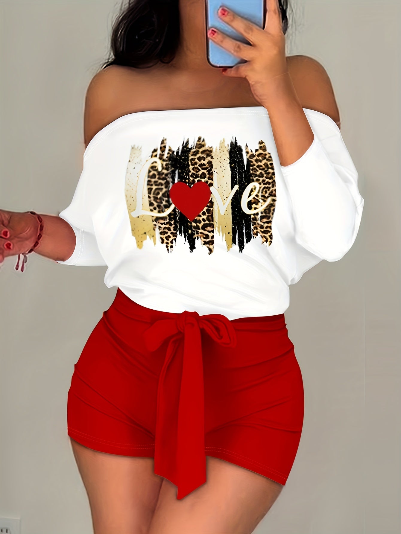 Color Block Graphic Print Romper Jumpsuit, Casual Off Shoulder Long Sleeve Tie Waist Slim Romper Jumpsuit, Women's Clothing