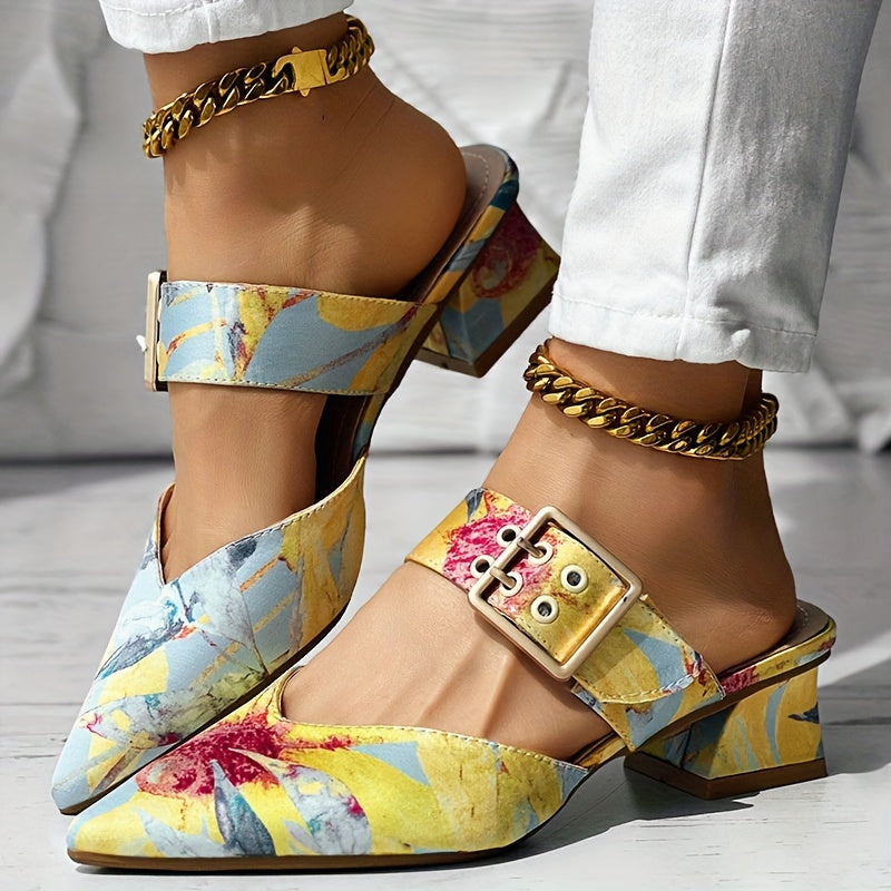 Chic Guangdong-Inspired Women's Sandals with Unique Print, Slip-On Pointed Toe Mid-Heel Shoes - Faux Cover & PVC Sole