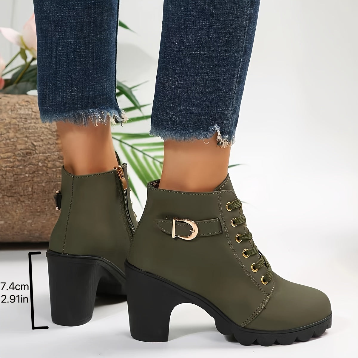 Trendy Womens Chunky Heel Ankle Boots - Secure Lace-Up, Smooth Zipper, Supreme Comfort - Mid-Calf Height, Stylish Design
