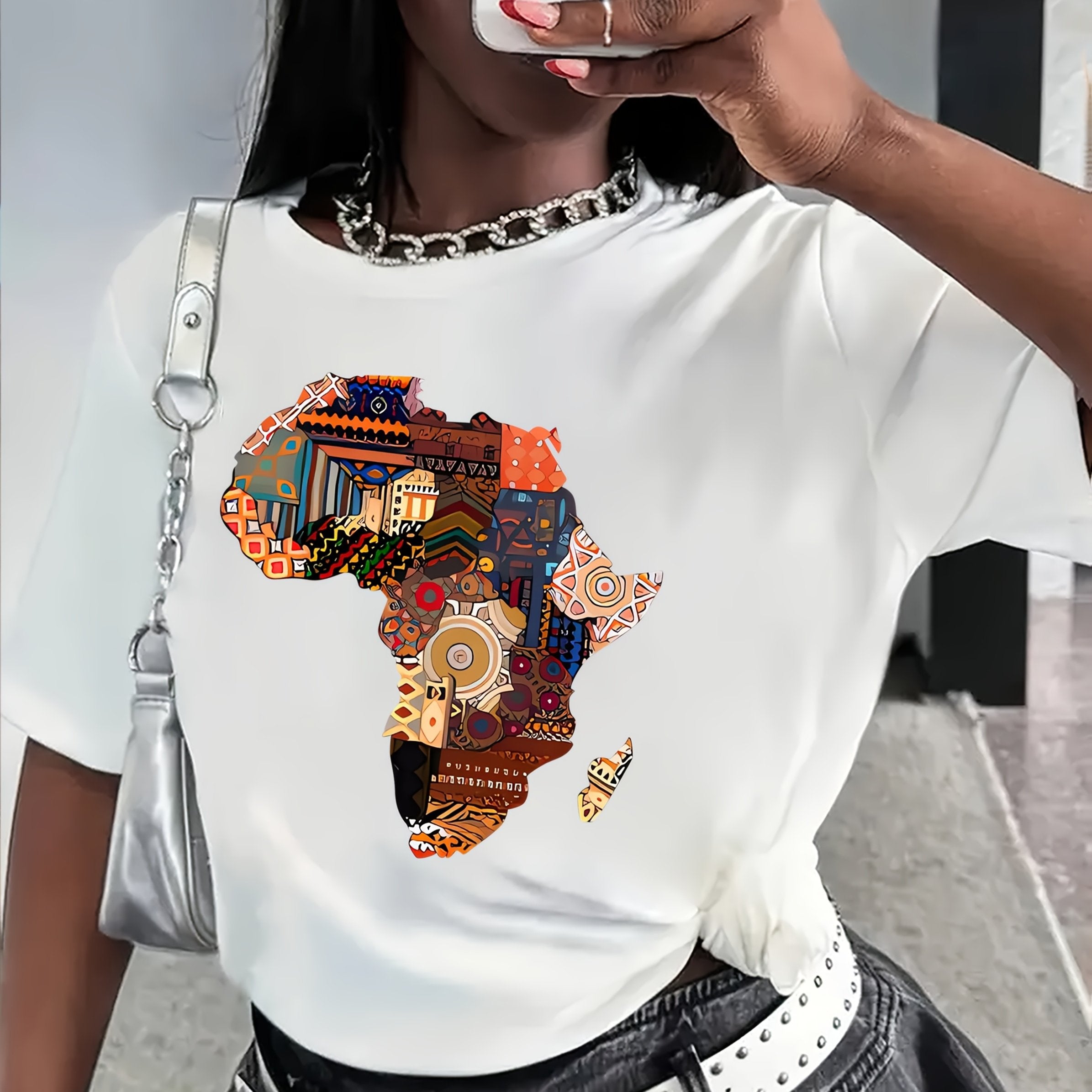 Women's African-Inspired Patchwork Print Casual Short Sleeve T-Shirt - Vibrant Red Round Neck Top with Cultural Motifs, Medium Stretch & Machine Washable for Spring/Summer, Casual Attire, Comfortable Fabric