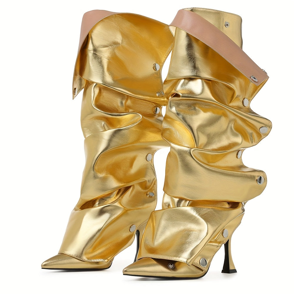 Women's Sexy Metallic Ruched Slouchy Knee-High Boots with Pointed Toe & Detachable Design - Stiletto Heel, Zipper, PU Cover & Rubber Sole for Dates, Casual Outings, High Heel Boots