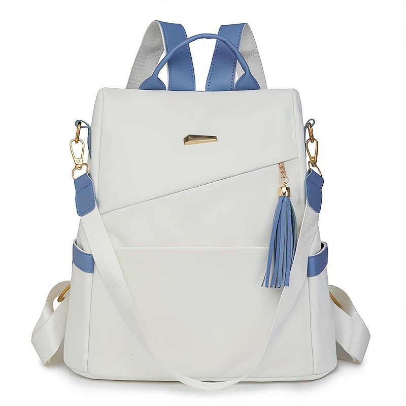 [Travel Ready] Elegant Women's Anti-Theft Lightweight Backpack - Chic White with Pink Accents, Large Capacity, Adjustable Straps, Tassel Detail, PU Material, Perfect for Travel & Daily Use