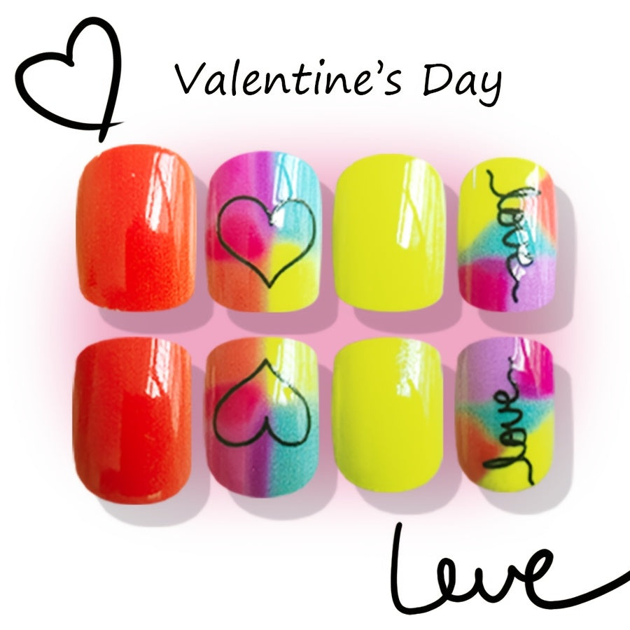 24pcs Vibrant Neon Love Heart Press-On Nails - Short Square, Glossy Finish with Jelly Glue, Nail File & Stick Included - Perfect for Valentine's Day