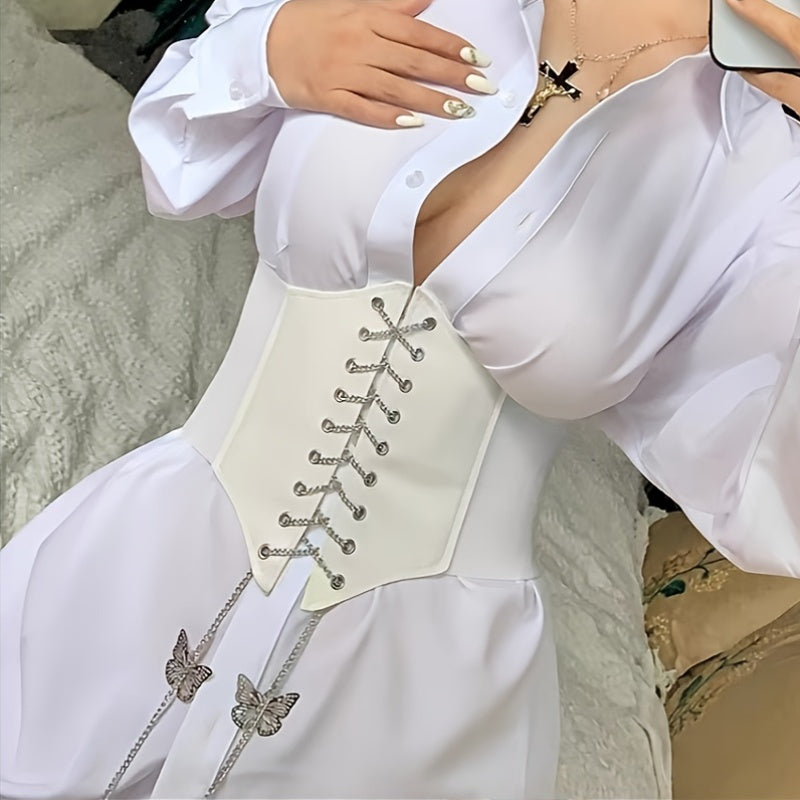1pc Women'S Wide Court Style Corset Belt with Butterfly Chain Embroidery, Casual Stretchy Faux Leather Waist Cincher, Adjustable Lace-Up Design for Weekend Wear