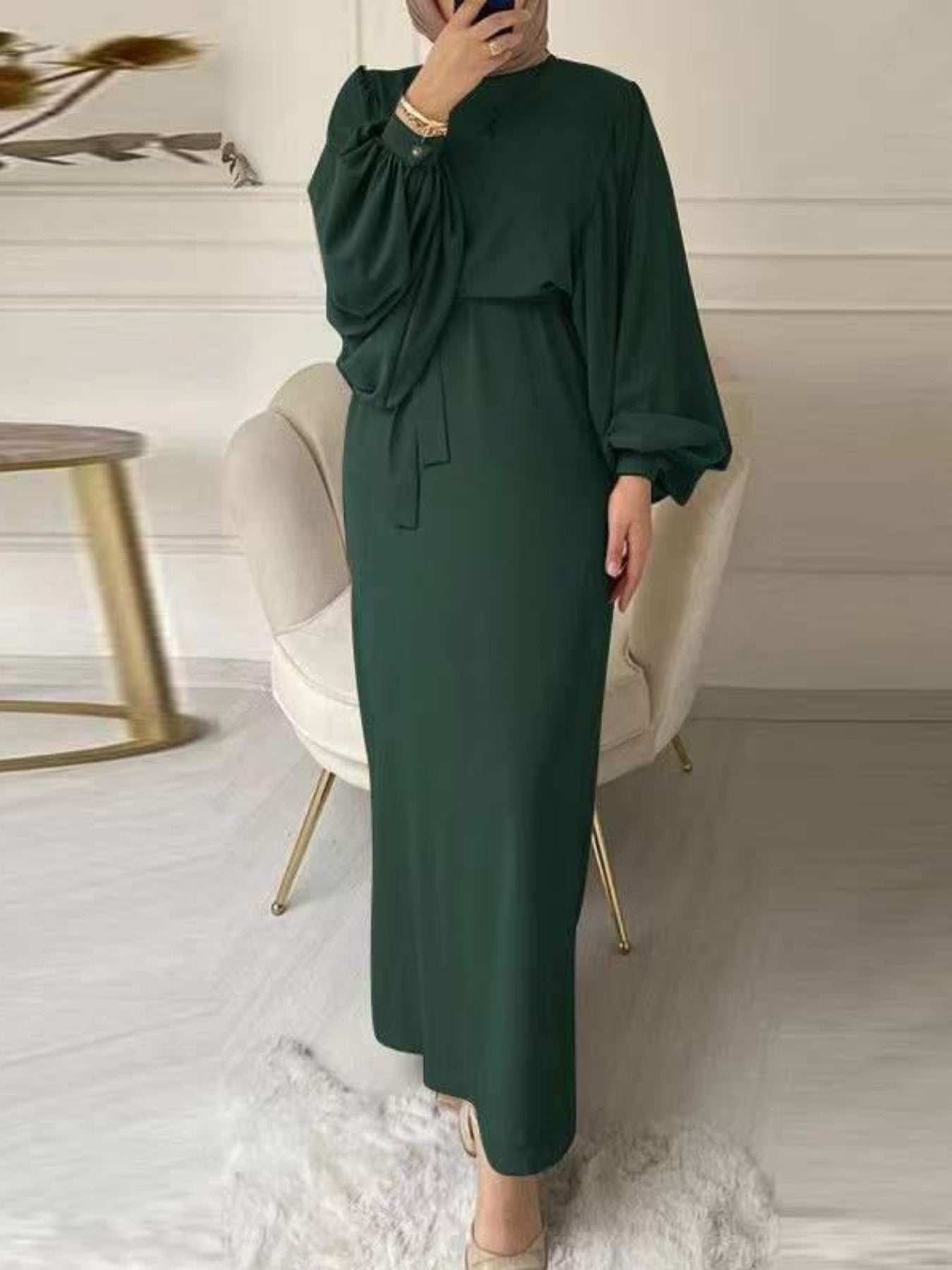 Women'S Long Dress, Solid Color, Round Neck, Lantern Sleeve, Abaya, Modern Arabic Style, Casual Dress with Belt, Polyester Fabric, 100g/m², for Adult, All Season